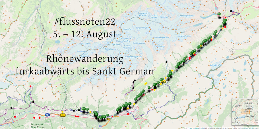 Screenshot der Wanderkarte mit dem einfügten Text #flussnoten, 5-12- August, Rhônewanderung furkaabwärts bis Sankt German